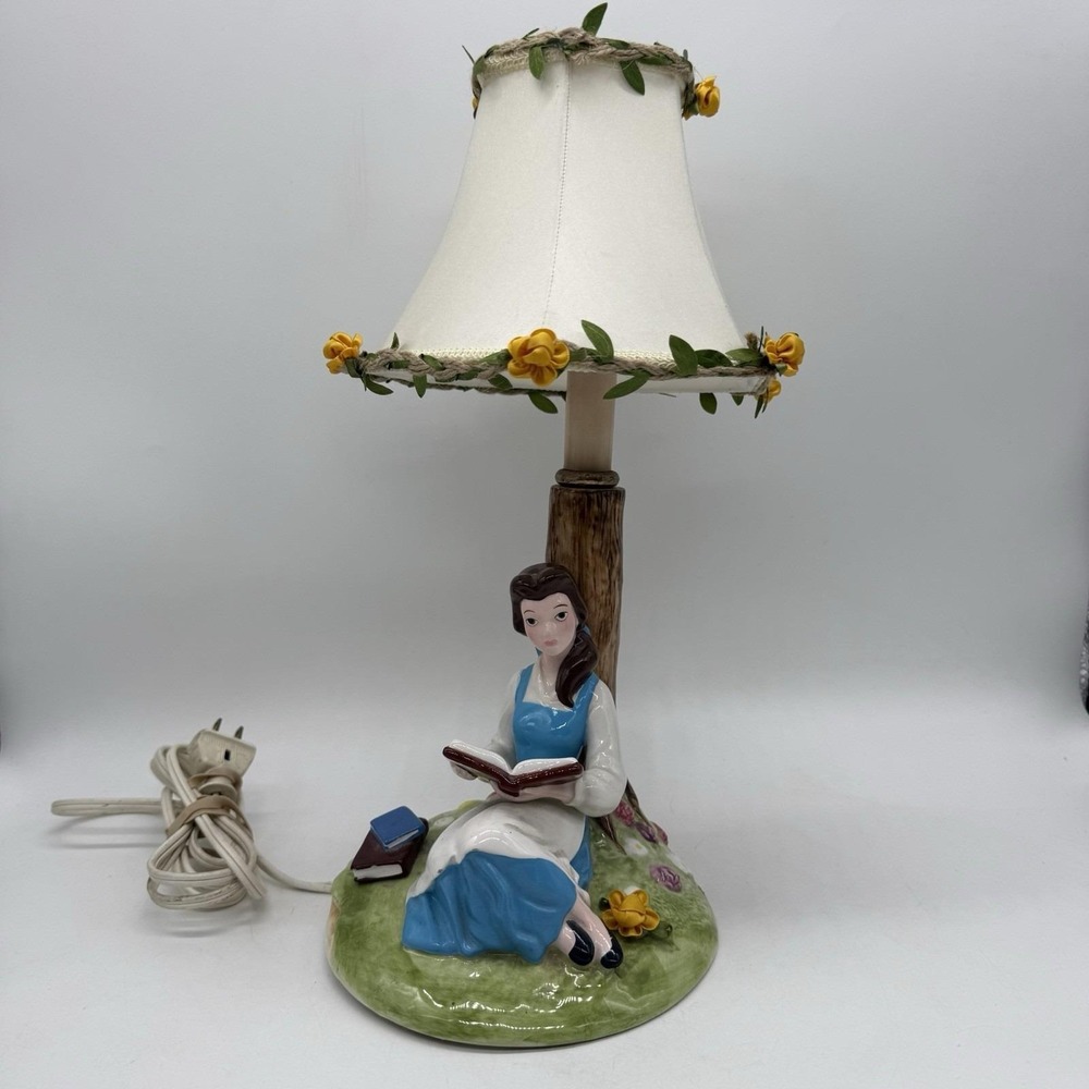 Schmid Disney Beauty & the Beast Ceramic Lamp Belle Reading Book Under Tree 90s